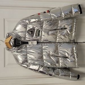 Brand New, GUESS silver metallic puffer jacket size medium